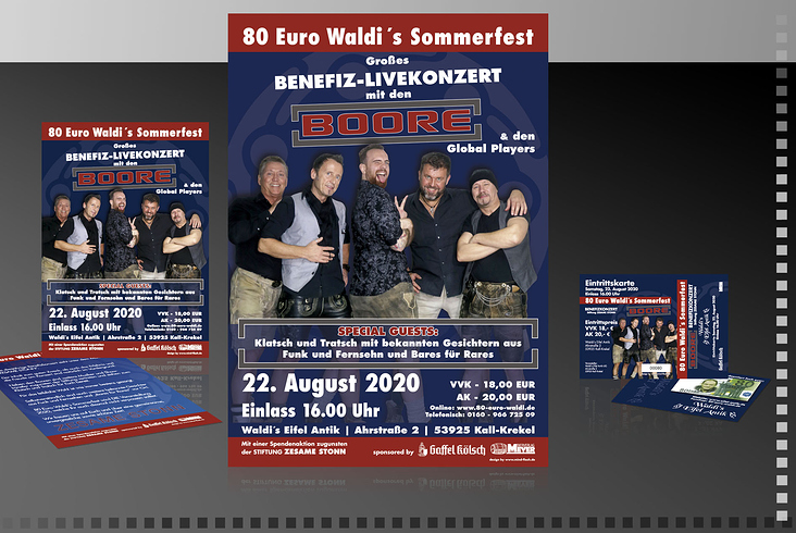 Flyer-, Eintrittskarten-, Plakatgestaltung Sommerfest 2020 Boore & Global Players bei 80 Euro Waldi in Waldi´s Eifel Antik