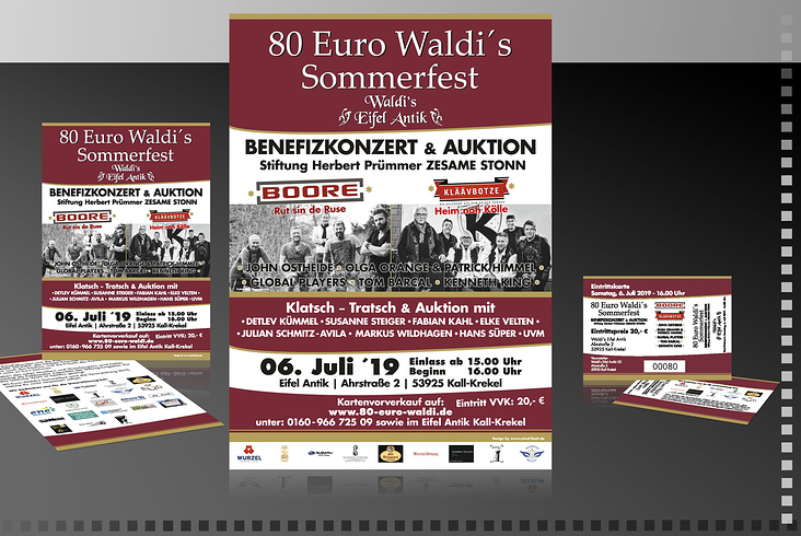 Design Plakat Sommerfest Benefizkonzert 2019 Boore | Kläävbotze & Global Player bei 80 Euro Waldi Eifel Antik