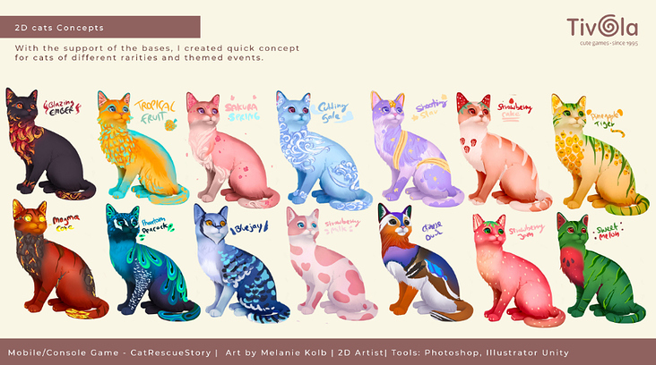 Cat concepts I created to see in which direction we would like to go for the special cats.