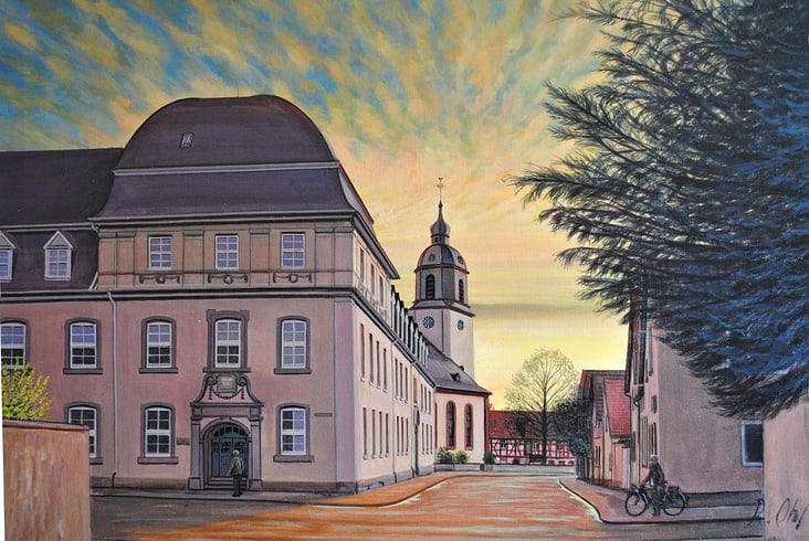 Pfungstadt Goetheschule Abendstimmung Acrylmalerei