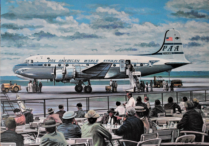 Douglas DC 4 der PAN AMERICAN WORLD AIRWAYS auf dem Frankfurter Rhein-Main Flughafen 1950er.  Acryl auf Sperrholzplatte