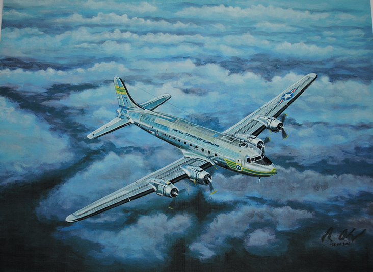 Douglas C-54, Maschine des Luftbrückenfliegers Gail Halvorsen während des Berlin Airlift.. Acryl auf Leinwand