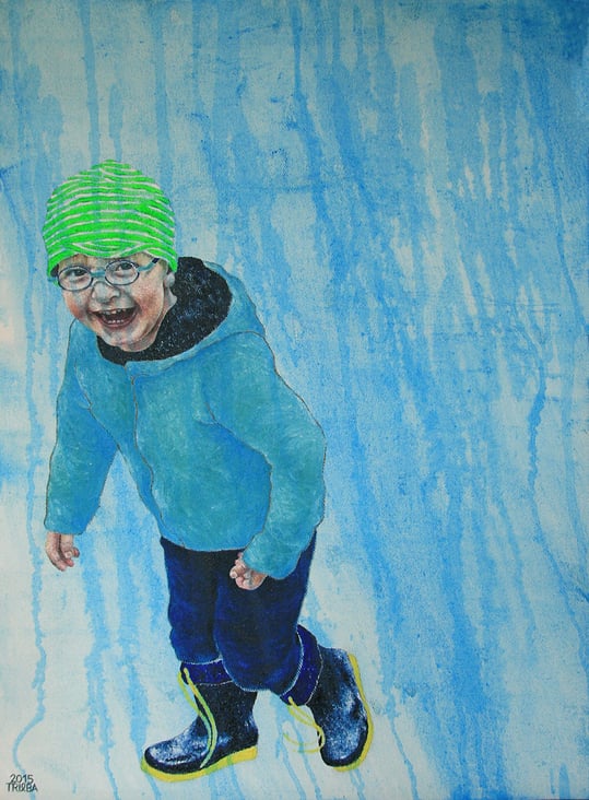 Junge im Regen, 60 × 44 cm