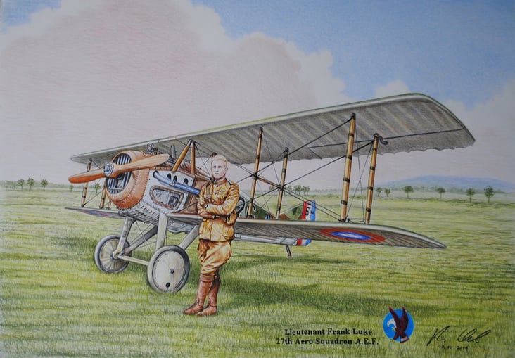 Lieutenant Frank Luke mit SPAD 1917 Frankreich / Buntstifte auf Malkarton