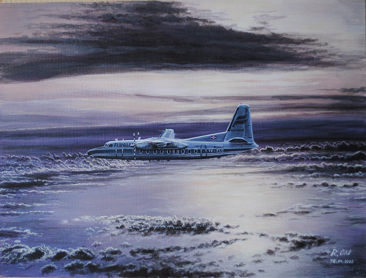 Fokker F-50 Friendship der Iceland Air über dem Nordmeer / Acryl auf Ölkarton