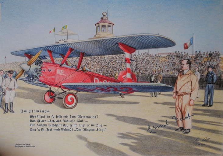 Ernst Udet mit Flamingo in Los Angeles-National Air Races / Buntstifte auf Malkarton