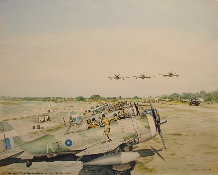 Burma/Cittagong  1945. 135. Fighter Squadron der RAF / Aquarell auf Malkarton