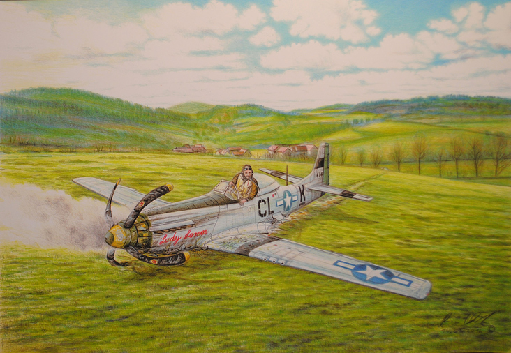 Odenwald bei Reichelsheim 1945. Notlandung der P-51 Mustang „Lady Lorene“. Buntstifte auf Malkarton