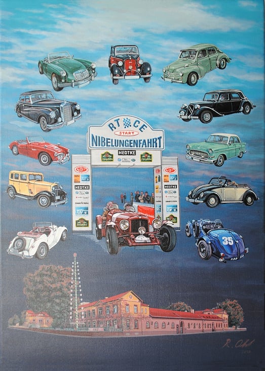 Brauerei Pfungstadt-Start Oldtimer Rally, Acryl auf Leinwand