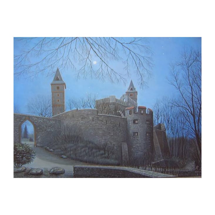 Burg Frankenstein Nachts. Acryl auf Sperrholzblatte