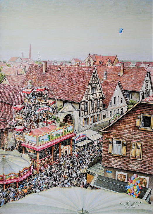 Pfungstadt, Borngasse 1950 Kirmes. Buntstifte auf Malkarton