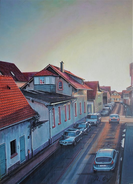 Pfungstadt Rügnerstraße Abends/Blick nach Westen / Acryl auf Sperrholzplatte