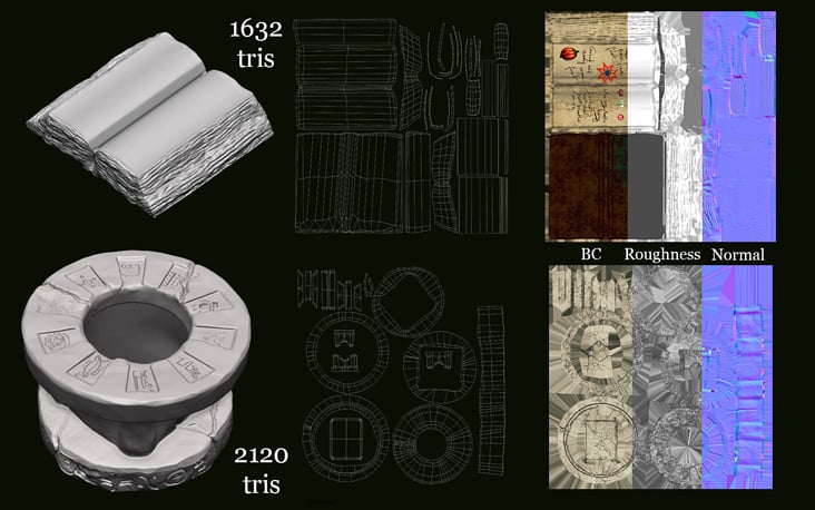 Books’ and tables’ sculpt and UV