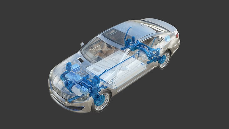 3D-Visualisierung von einem teiltransparentem Auto mit Fahrzeugkomponenten