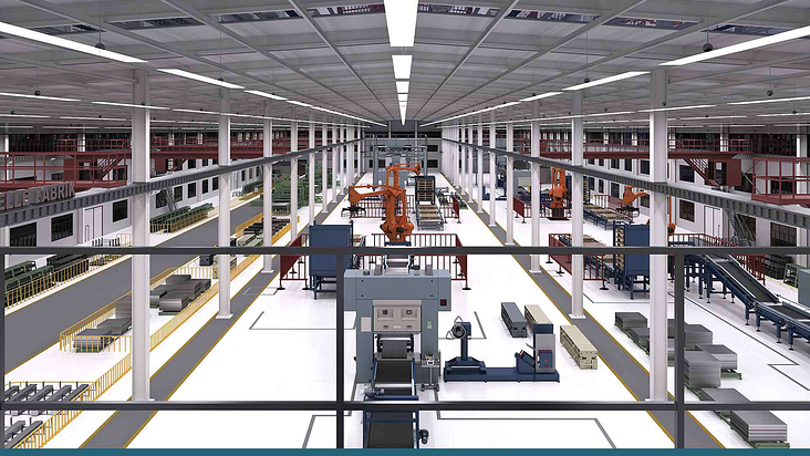 3D-Visualisierung von einer virtuellen Industriehalle mit unterschiedlichen farblichen Bereichen