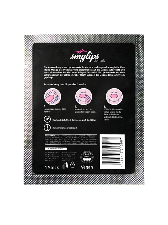 Gestaltung mygloss/smylips-Lippenmasken-Sachet (Rückansicht)