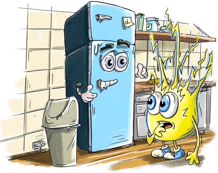 Kinderbuch Illustration, Eddie spricht mit dem Kühlschrank