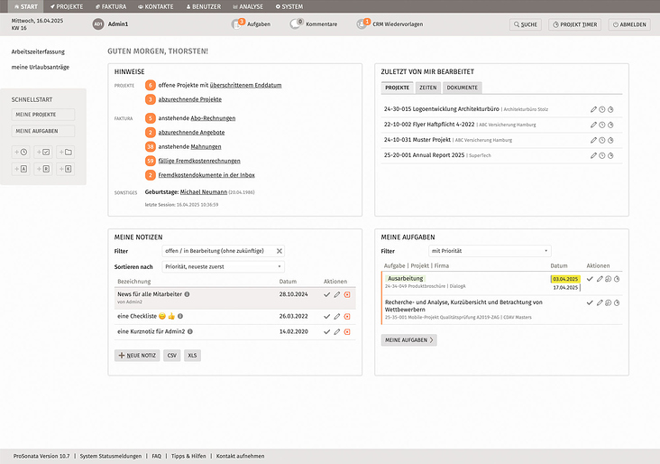 ProSonata Startseite mit Dashboard