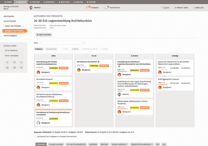 Projektaufgaben im Kanban-Board