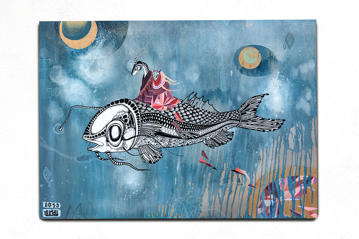 Reise auf dem Fisch Acryl auf Holz