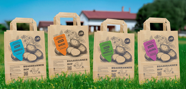 Illustratives Packaging Design für 4 Kartoffel-Tragetaschen // Kunde: Ruasshammer Hof