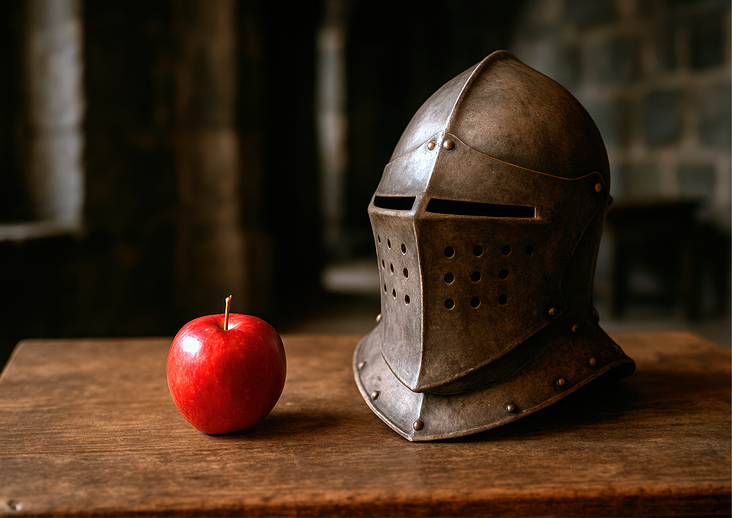 Mittelalter, Helm mit Apfel,
