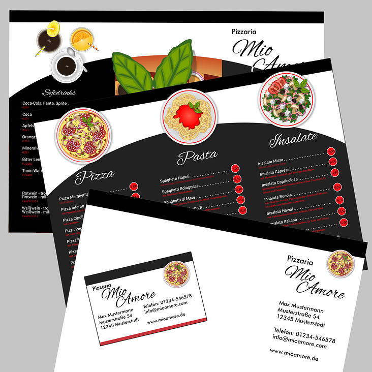 Geschäftspapiere und Flyer für eine Pizzaria