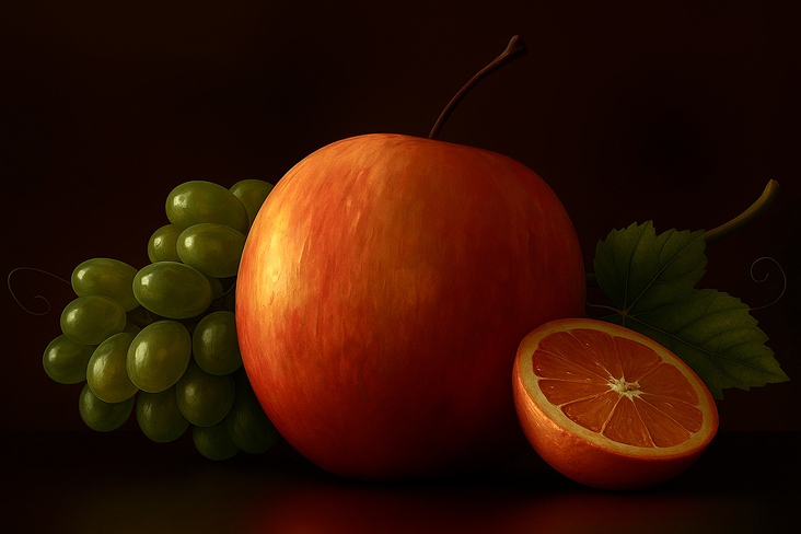 Apfel, Mandarine, Weintrauben