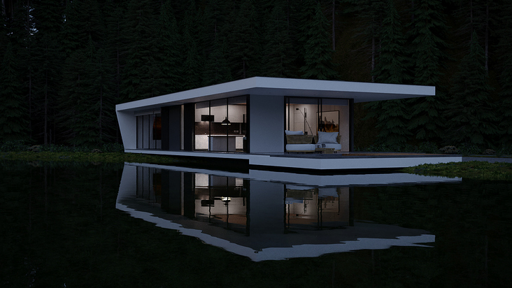 Haus am See Nacht 3D Visualisierung