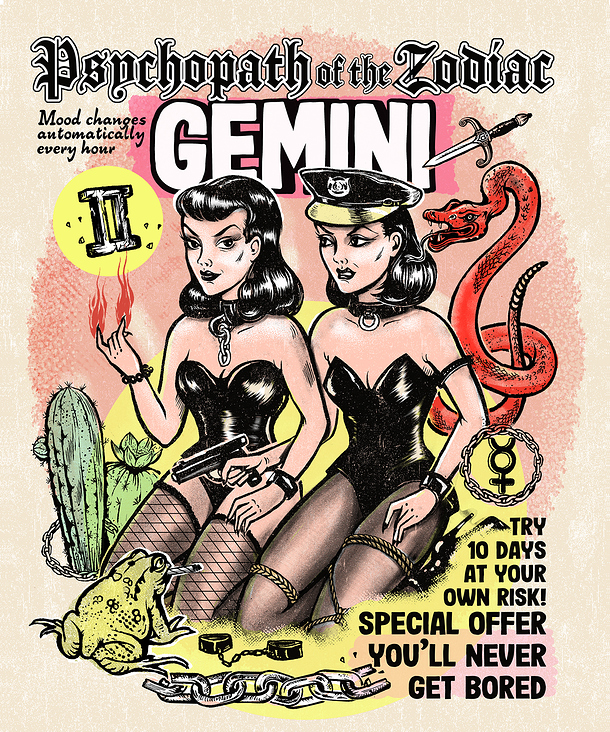 „Gemini“, Zodiac & Pin-up Girls illustration series, 2024, procreate + photoshop