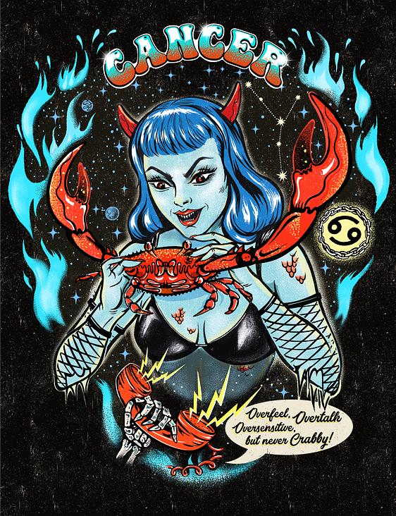 „Crabs-Cancer“, Zodiac & Pin-up Girls illustration series, 2024, procreate + photoshop