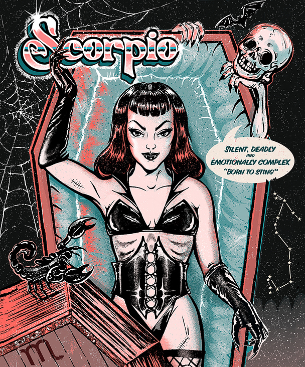 „Scorpio“, Zodiac & Pin-up Girls illustration series, 2024, procreate + photoshop