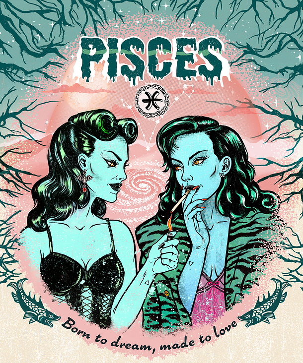 „Pisces“, Zodiac & Pin-up Girls illustration series, 2025, procreate + photoshop