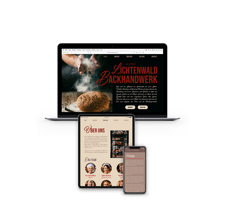 Website-Mockup mit unterschiedlichen Unterseiten auf verschiedenen Ausgabegeräten