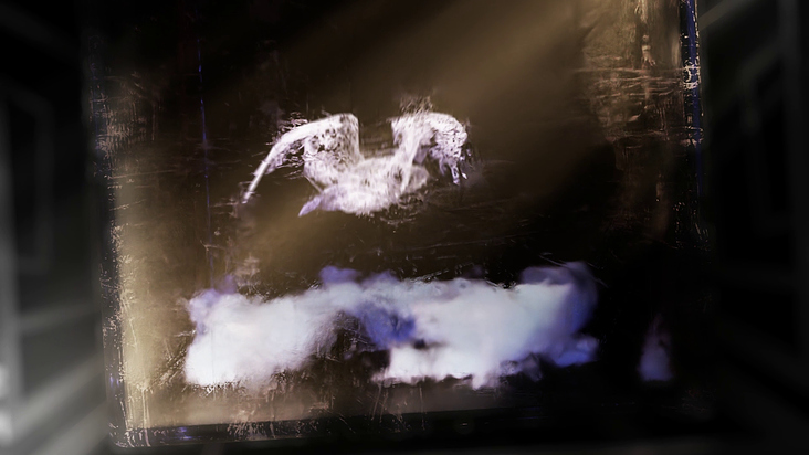 procedural clouds volumetric, bird animation, rough glass imperfects texture