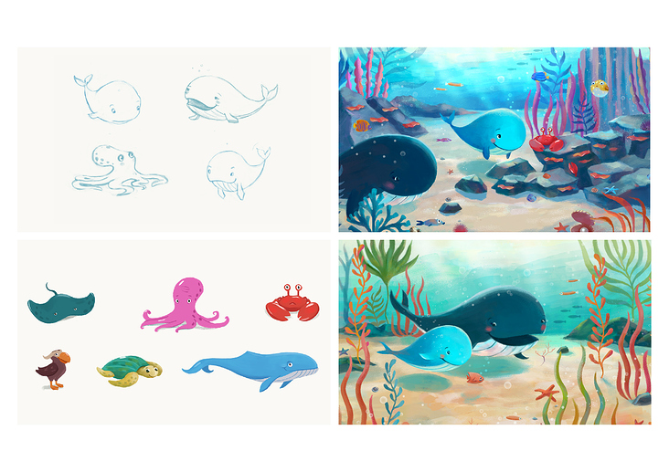 Illustrations for“Mother Gray and Little Blue Adventure app”