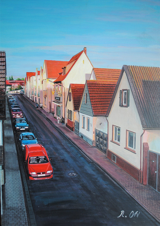 Pfungstadt – Rügnerstraße – Blick nach Osten – Stand 2016 / Acryl auf Sperrholzplatte