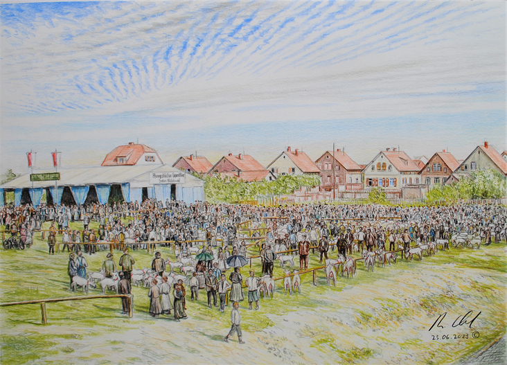 Pfungstadt – Ziegenmarkt – Blick nach Nordosten / Motiv historisch, etwa um 1910 – Buntstiftmalerei auf Zeichenkarton
