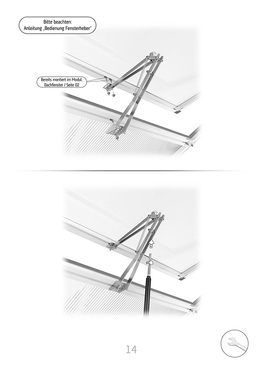 Einbau und Verschraubung des automatischen Fensterhebers zur späteren Lüftungsfunktion.