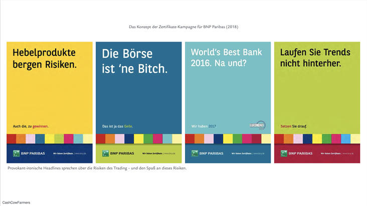 Kampagnenkonzept für BNP Paribas Zertifikate (nicht realisiert, weil zu risikofreudig).