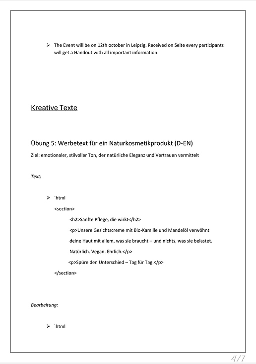 kreative Übersetzung – Werbetext in HTML (D-EN)