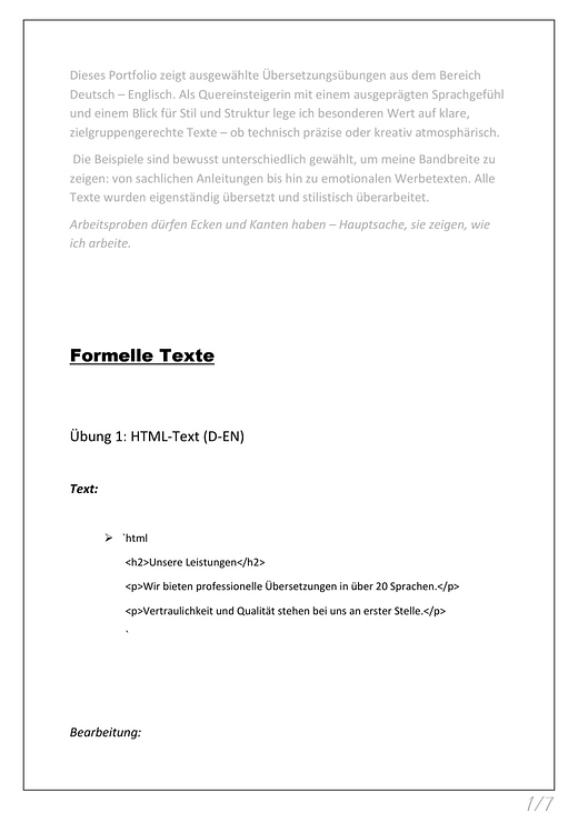 Formelle Übersetzung – HTML-Text (D-EN)