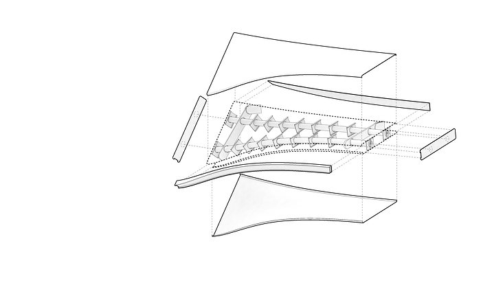 Exploded isometric view of facade panels