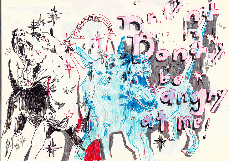 „Don‘t be angry at me!“   2024   Buntstift und Fineliner auf Papier    148mm x 210mm