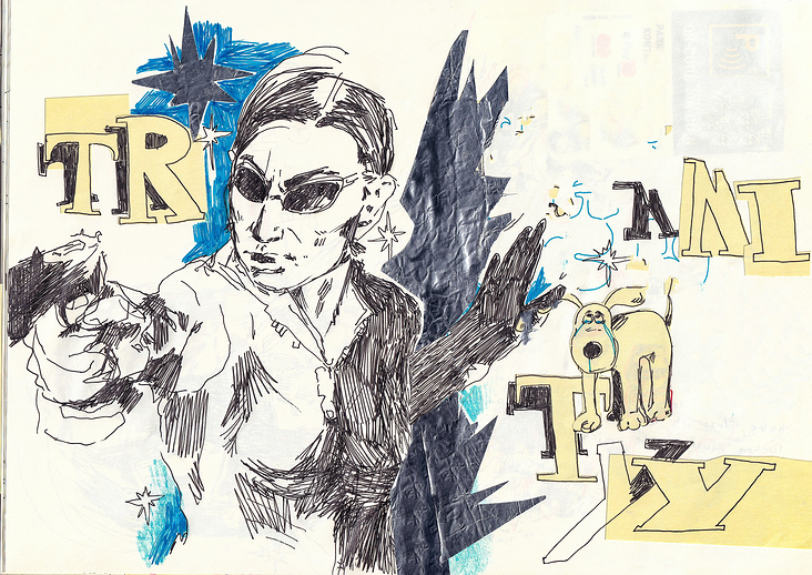 „Tr…nity“ 2024 Fineliner, Haftnotizen, Alufolie auf Papier 148mm x 210mm