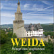 Stadtportrait Weida, Kollage aus 4 Bildern (Himmel, Burg/Wald, Wald/Wiese, Bank)