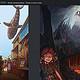 Illustration – Nitas Abenteuer – Düne & Lava See Links: Basar-Szene mit Steampunk Luftschiffen Rechts: Drache in Höhlen