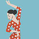 Flamenco lady illustration blue baclground, red dress and white dots