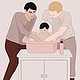Illustration von zwei Vätern die ihr Baby baden