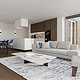 Wohnküche mit grauem Sofa und blauen Stühlen
